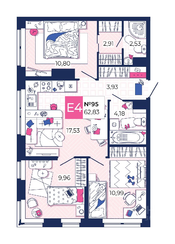 Трехкомнатная квартира ЖК по любви в Туле от 62,8 м² от 6,9 млн ₽