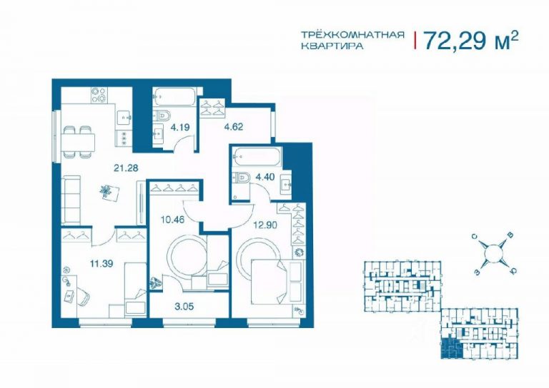 Трехкомнатная квартира ЖК Патриот Парк от 72,2 м² от 6,8 млн