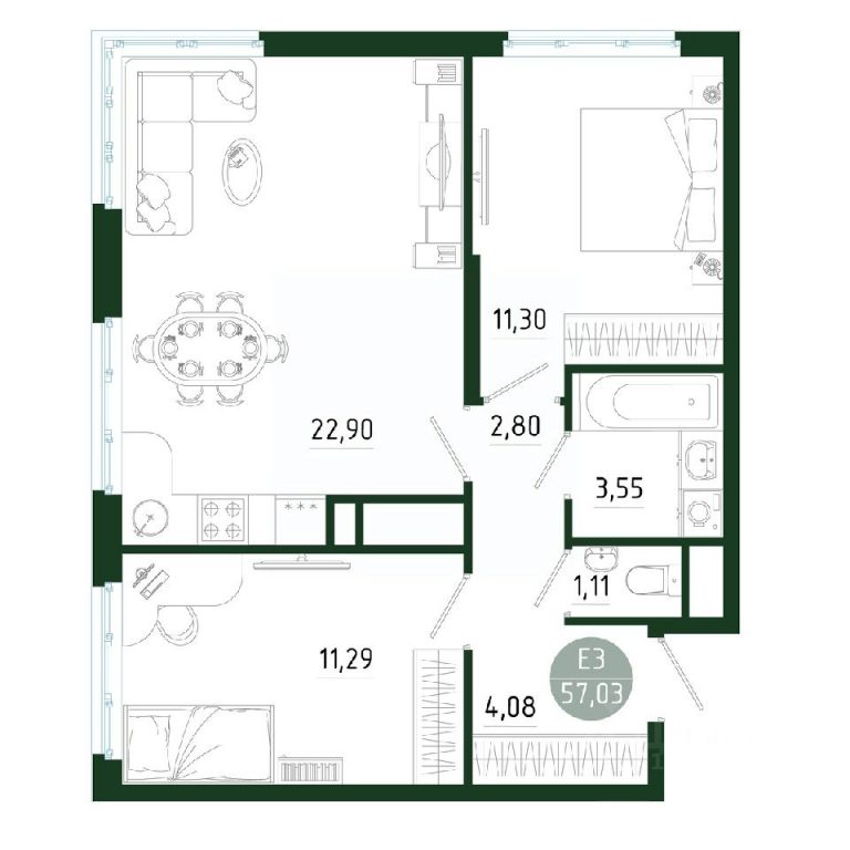 Двухкомнатная квартира ЖК Платон Парк от 57 м² от 6,7 млн