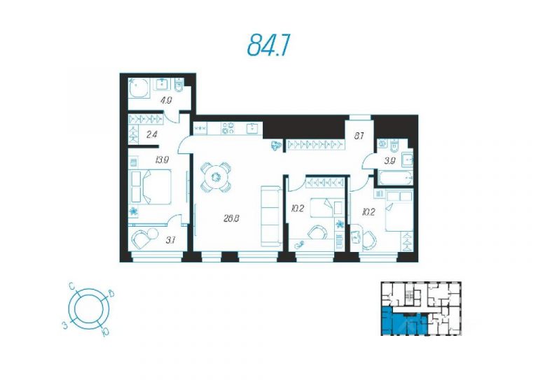 Трехкомнатная квартира ЖК Михеева Парк от 80 м² от 10,9 млн